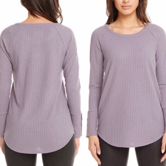 Chaser Tops - Chaser Waffle Knit Button Cuff Long Sleeve Purple
